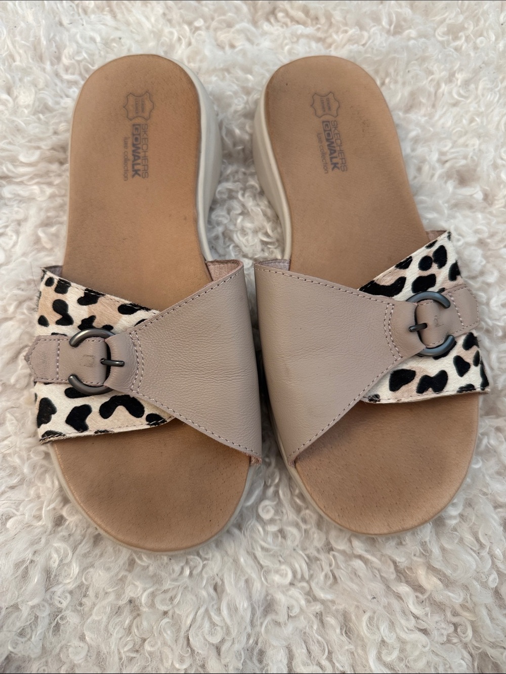 Skechers Go Walk Taupe Slide Sandals with Leopard Print Accent - 8